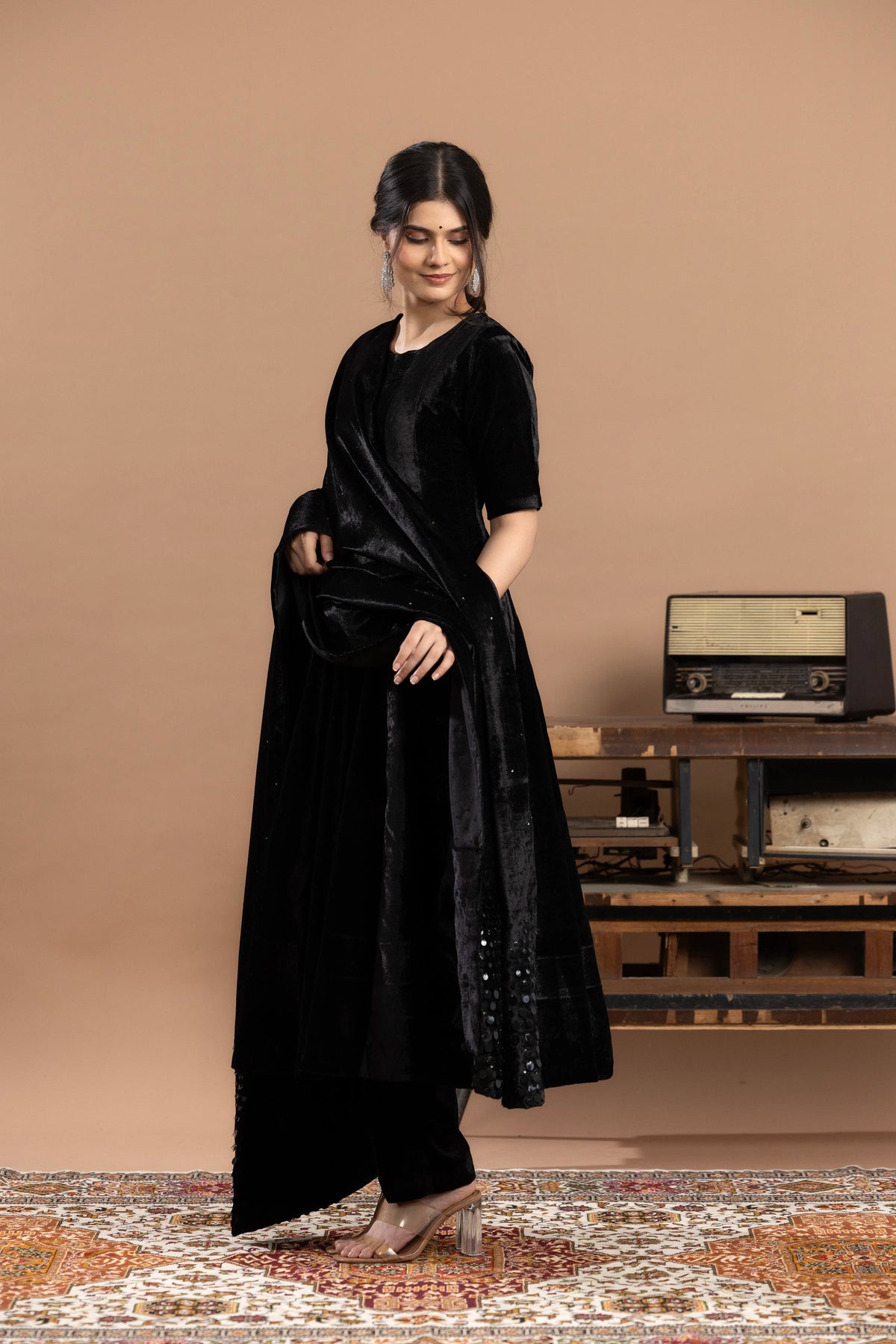 Velvet Anarkali Paired With Pants and Dupatta