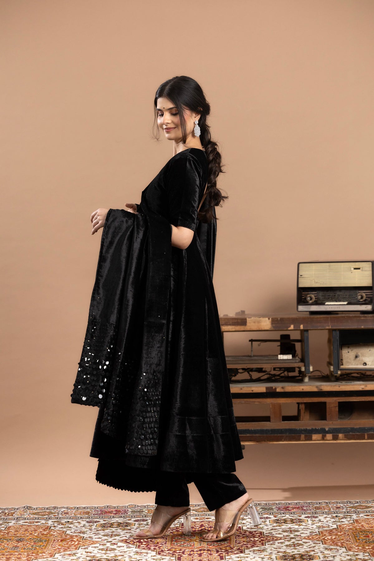 Velvet Anarkali Paired With Pants and Dupatta