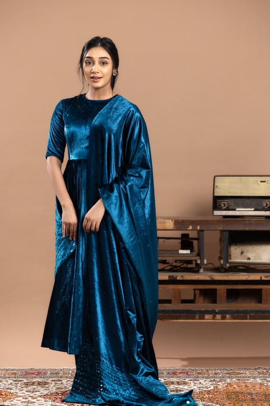 Velvet Anarkali Paired With Pants and Dupatta