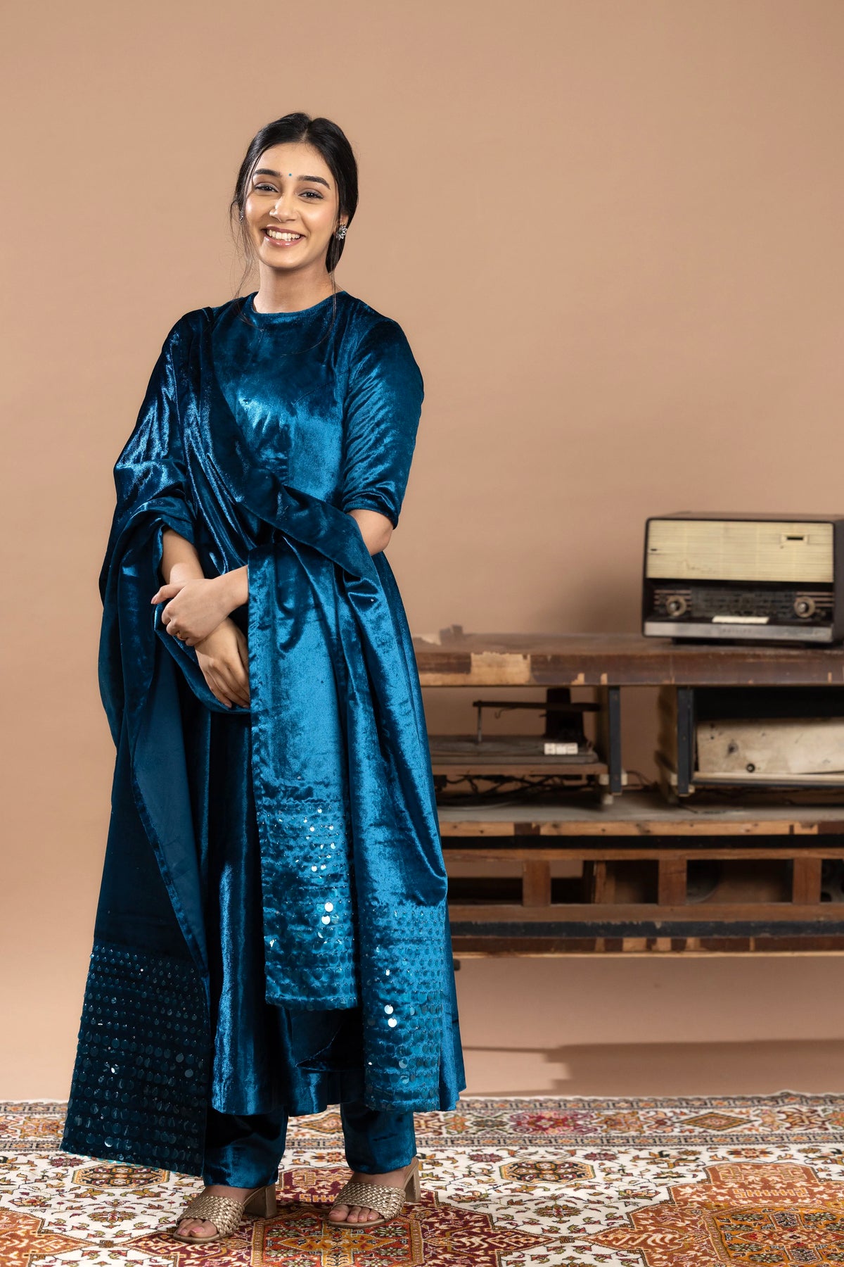 Velvet Anarkali Paired With Pants and Dupatta