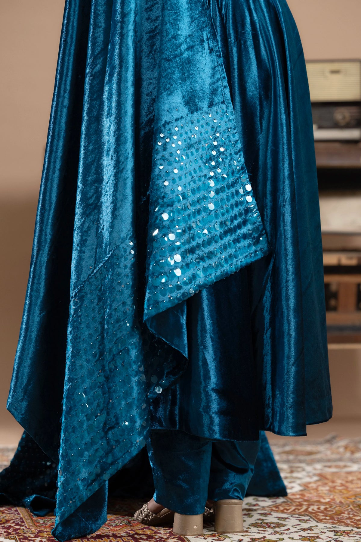 Velvet Anarkali Paired With Pants and Dupatta