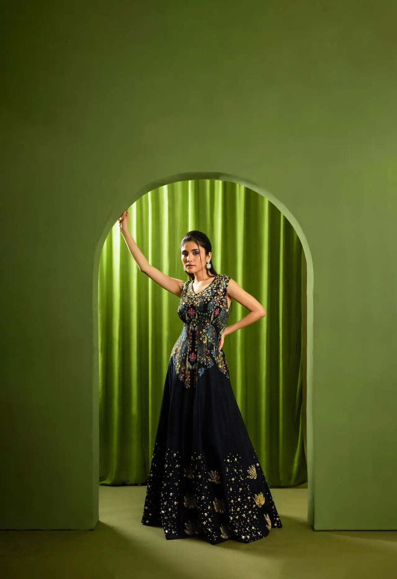 Printed Embroidered Cocktail Gown