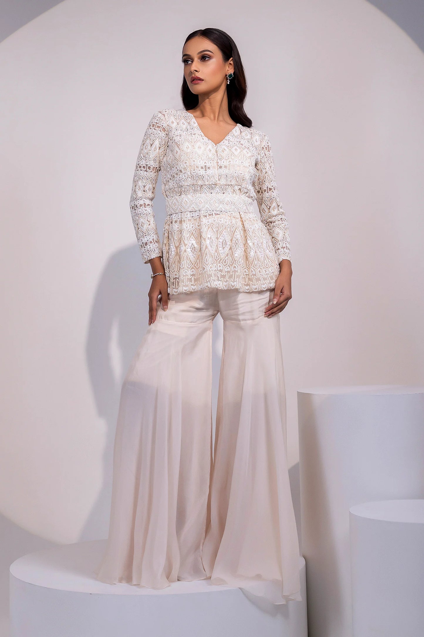 White Lace Long-Sleeve Peplum Top