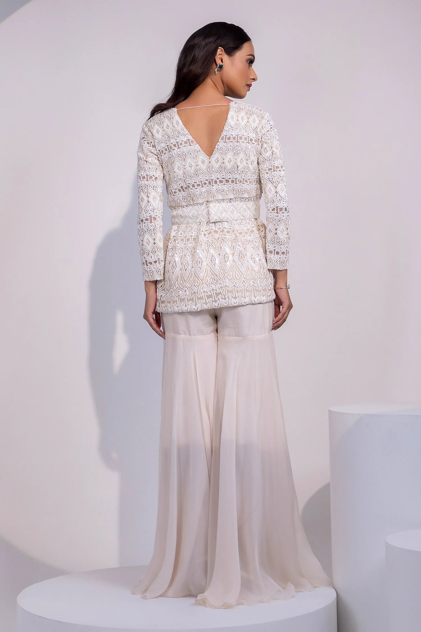 White Lace Long-Sleeve Peplum Top