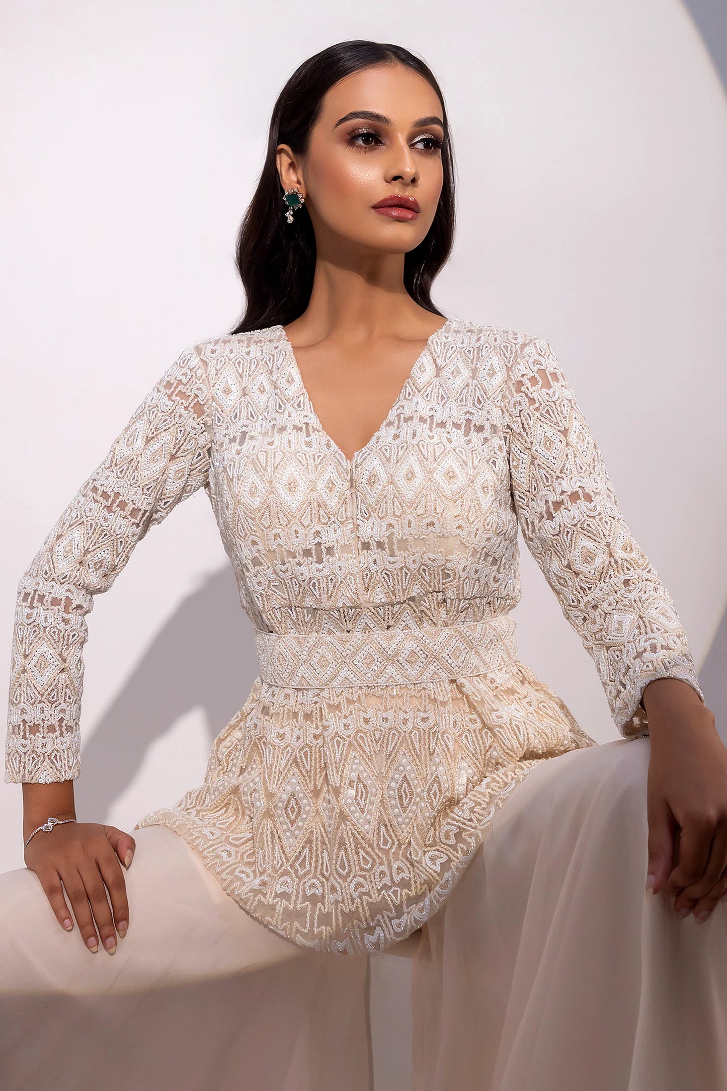 White Lace Long-Sleeve Peplum Top