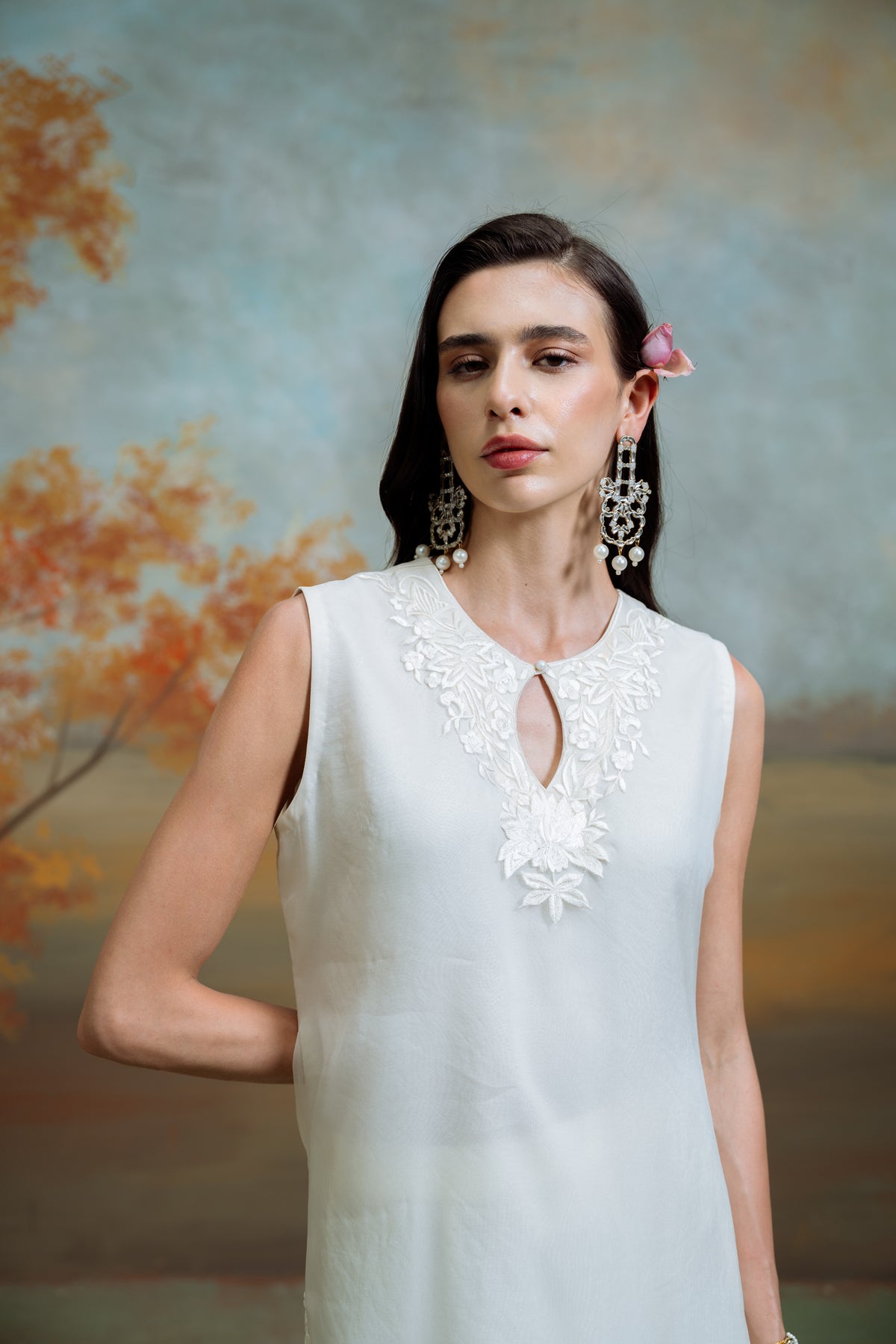 White Organza Kurta With Wide-Legged Pants and Dupatta