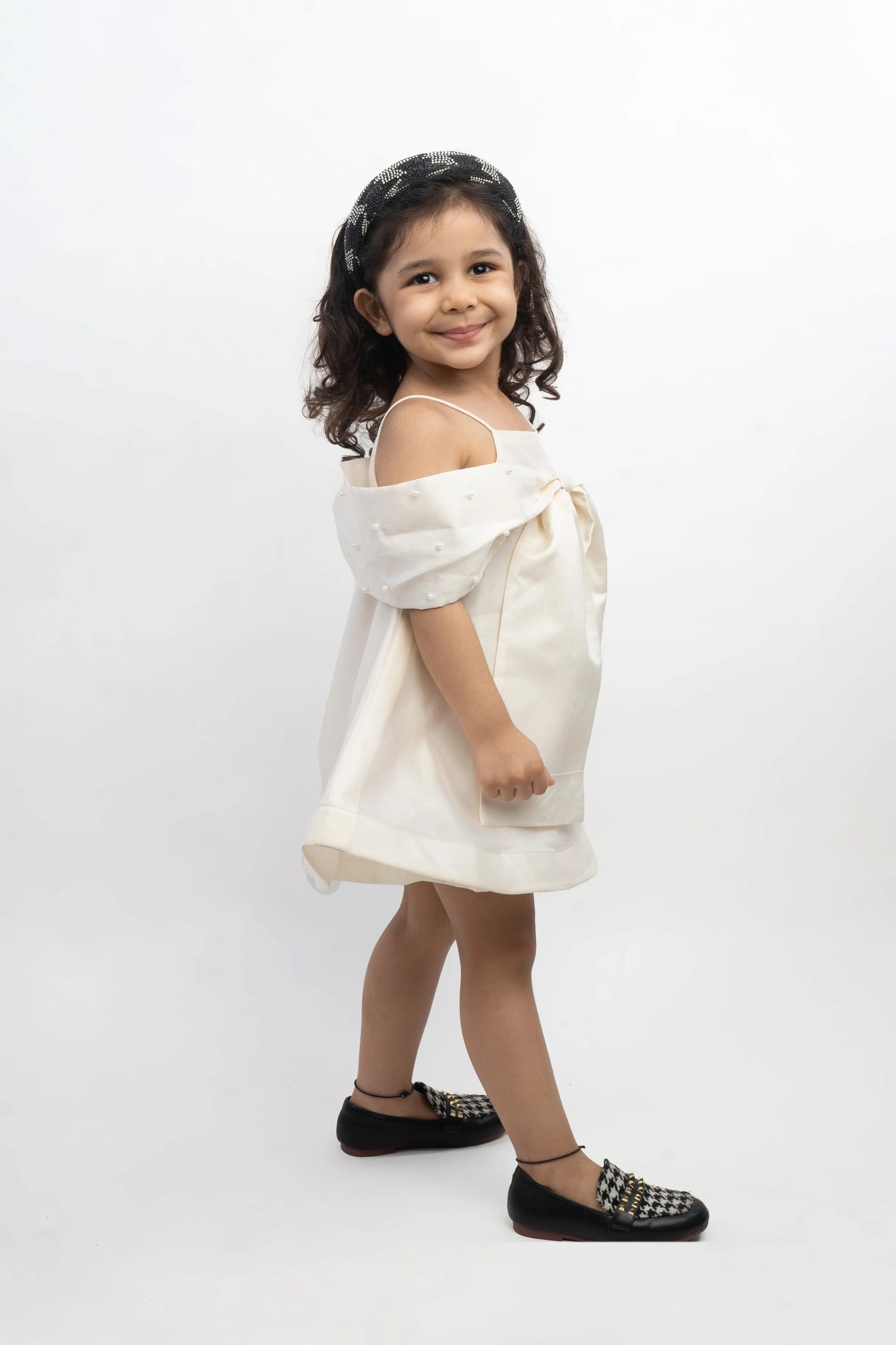 White Bow Dress with Pearls