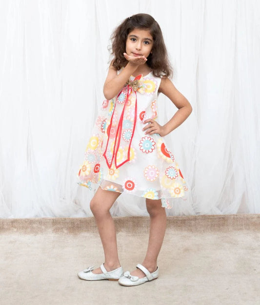 White Flower Printed Organza Dress