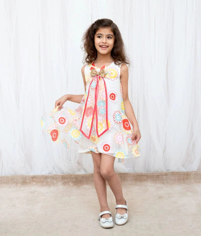 White Flower Printed Organza Dress
