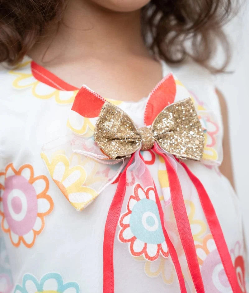 White Flower Printed Organza Dress