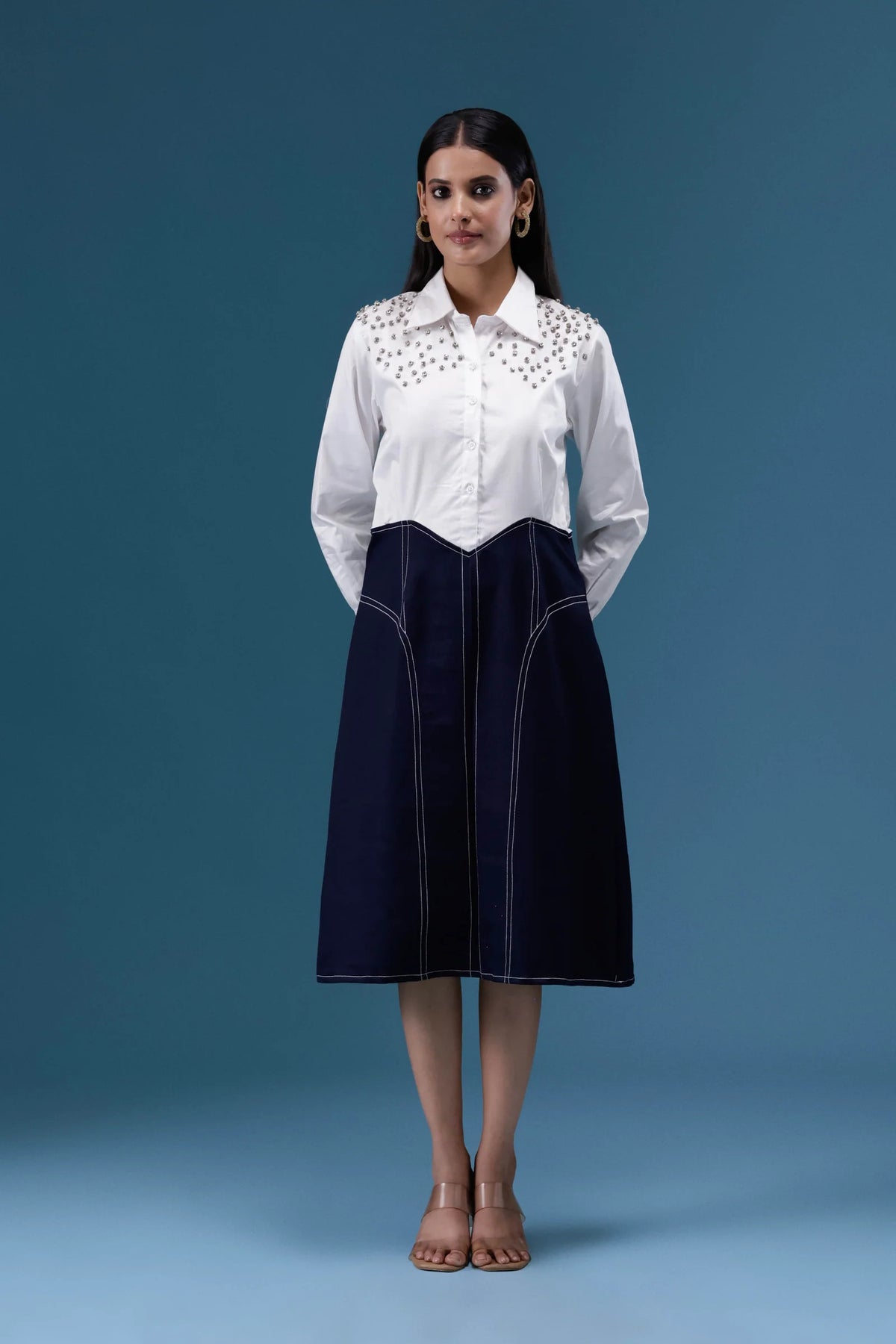 White & Navy Embellished Midi Dress