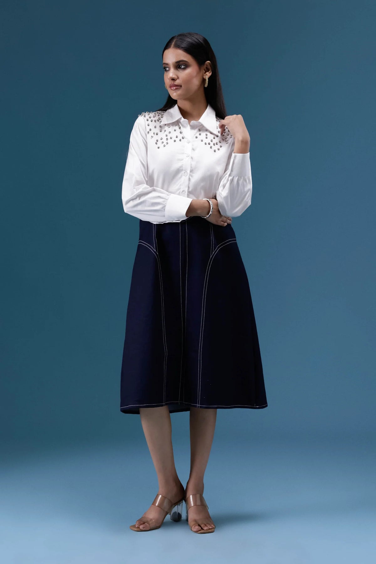 White & Navy Embellished Midi Dress