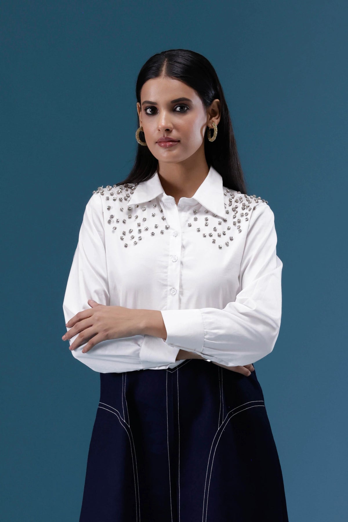 White & Navy Embellished Midi Dress