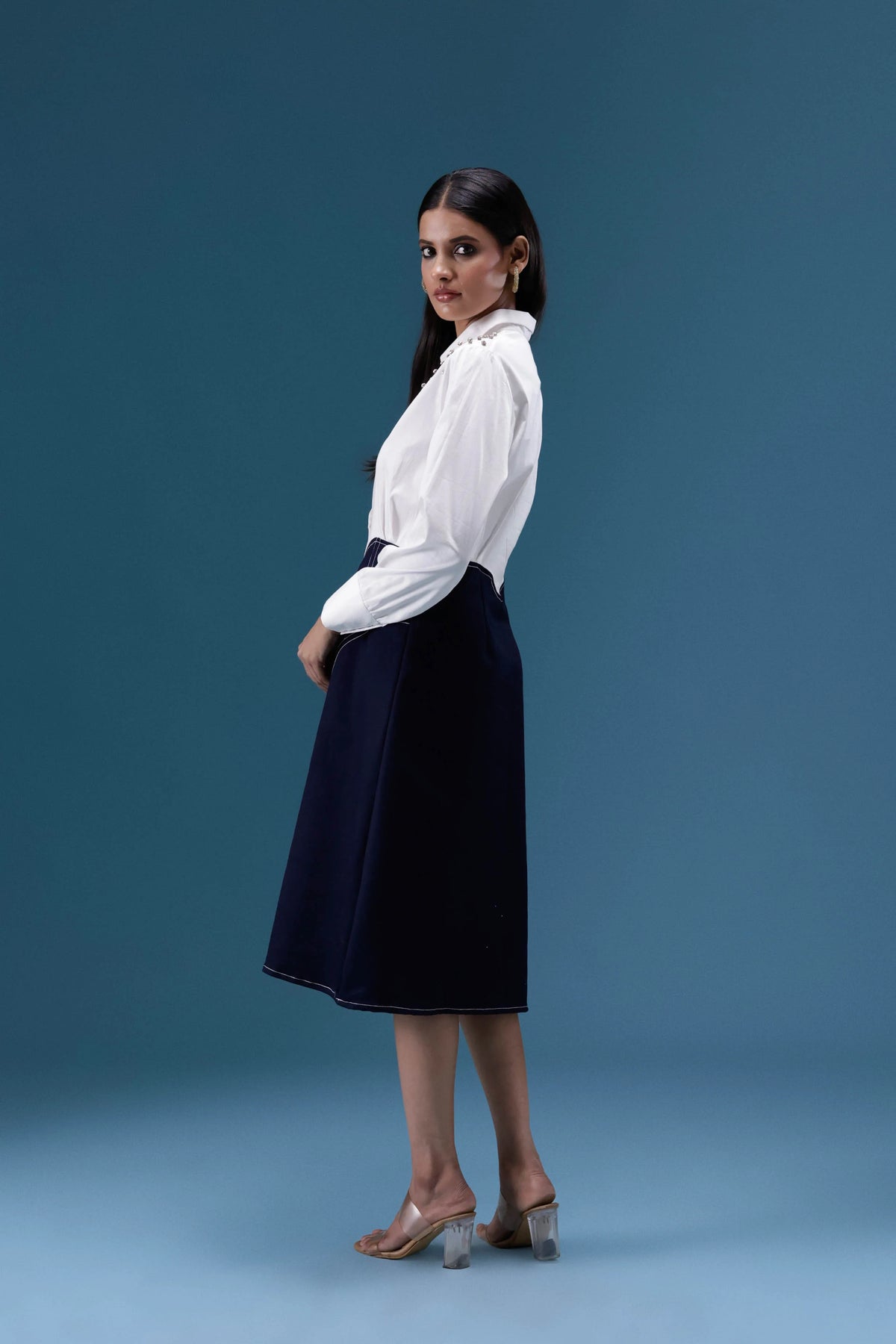 White & Navy Embellished Midi Dress