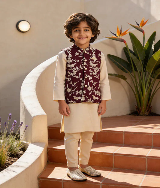 Wine Embroidery Jacket with Kurta and Pant