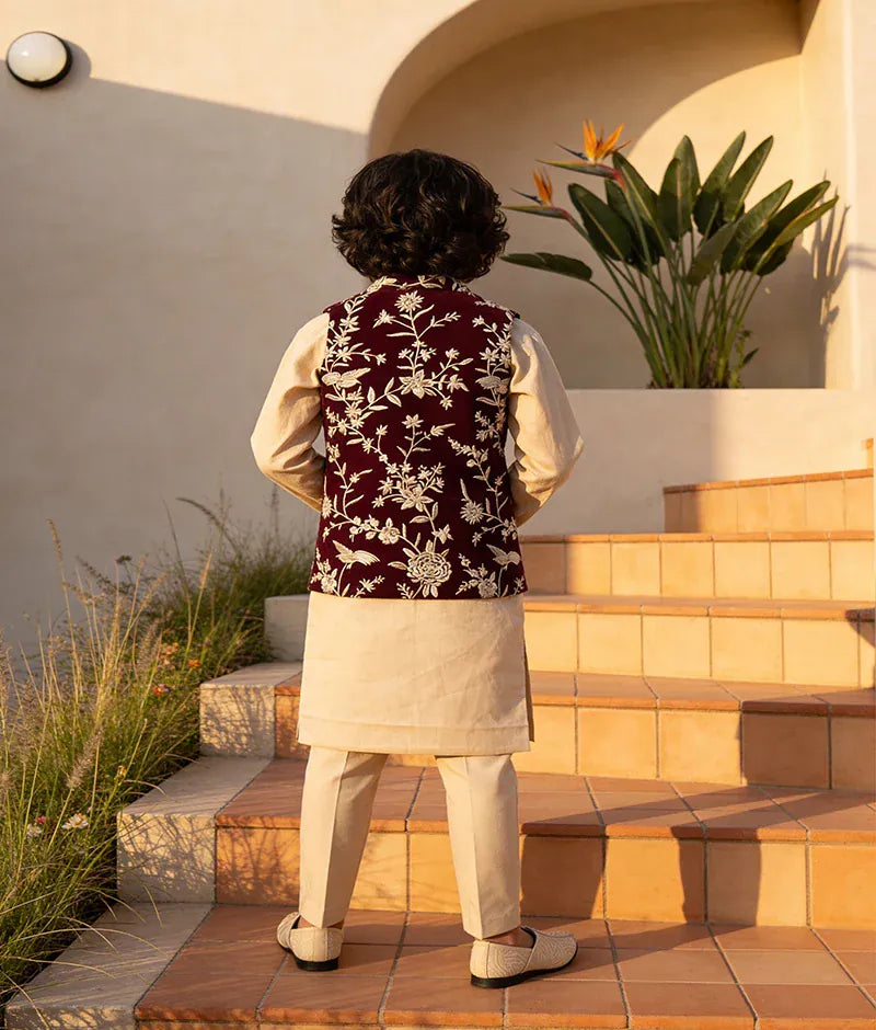 Wine Embroidery Jacket with Kurta and Pant