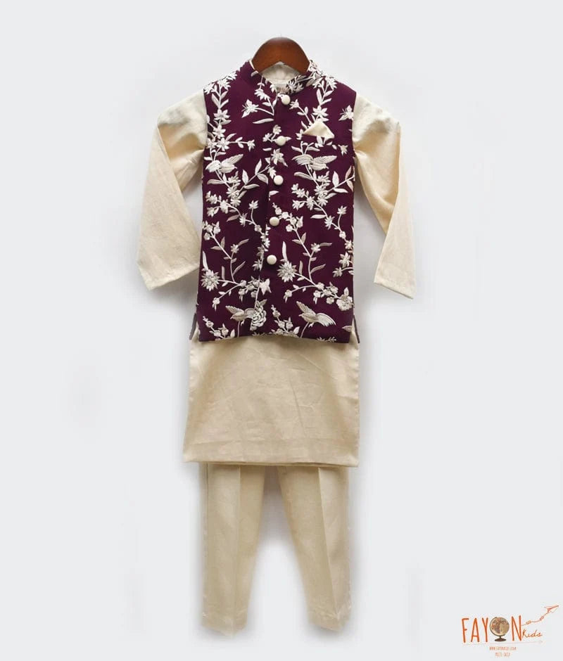 Wine Embroidery Jacket with Kurta and Pant