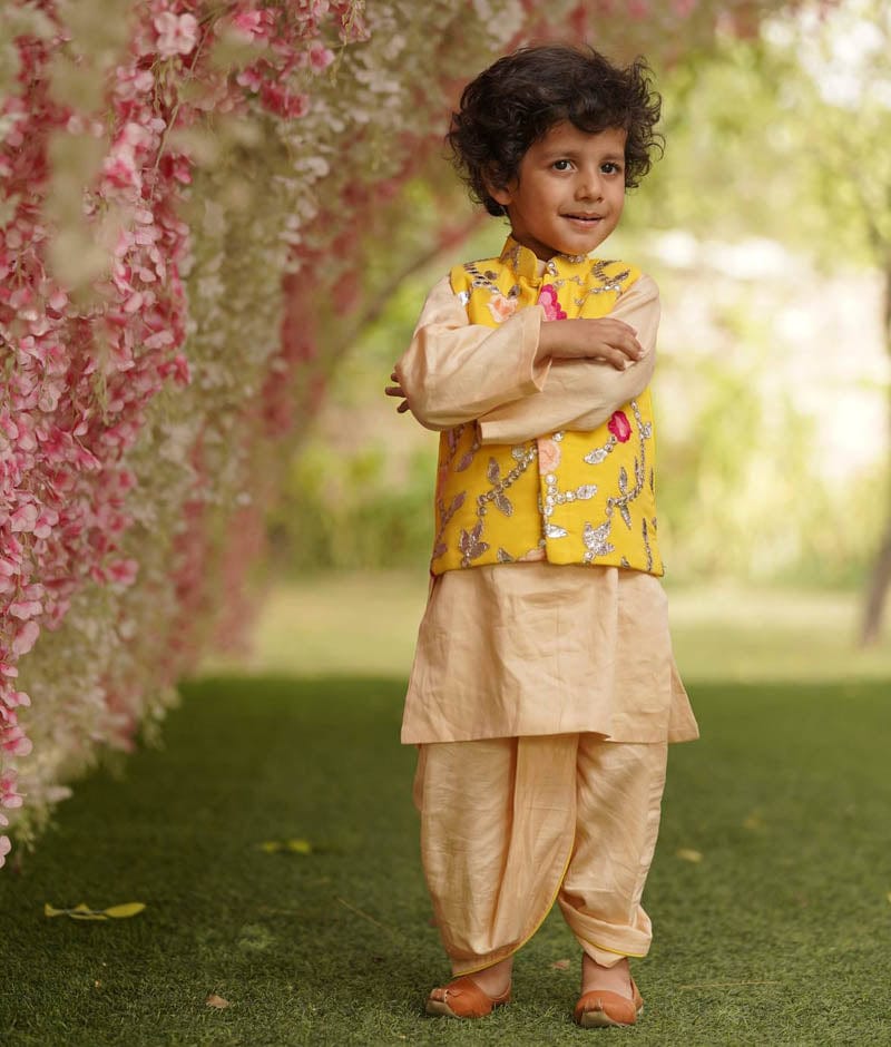 Yellow Gotta Embroidery Jacket with Kurta and Dhoti