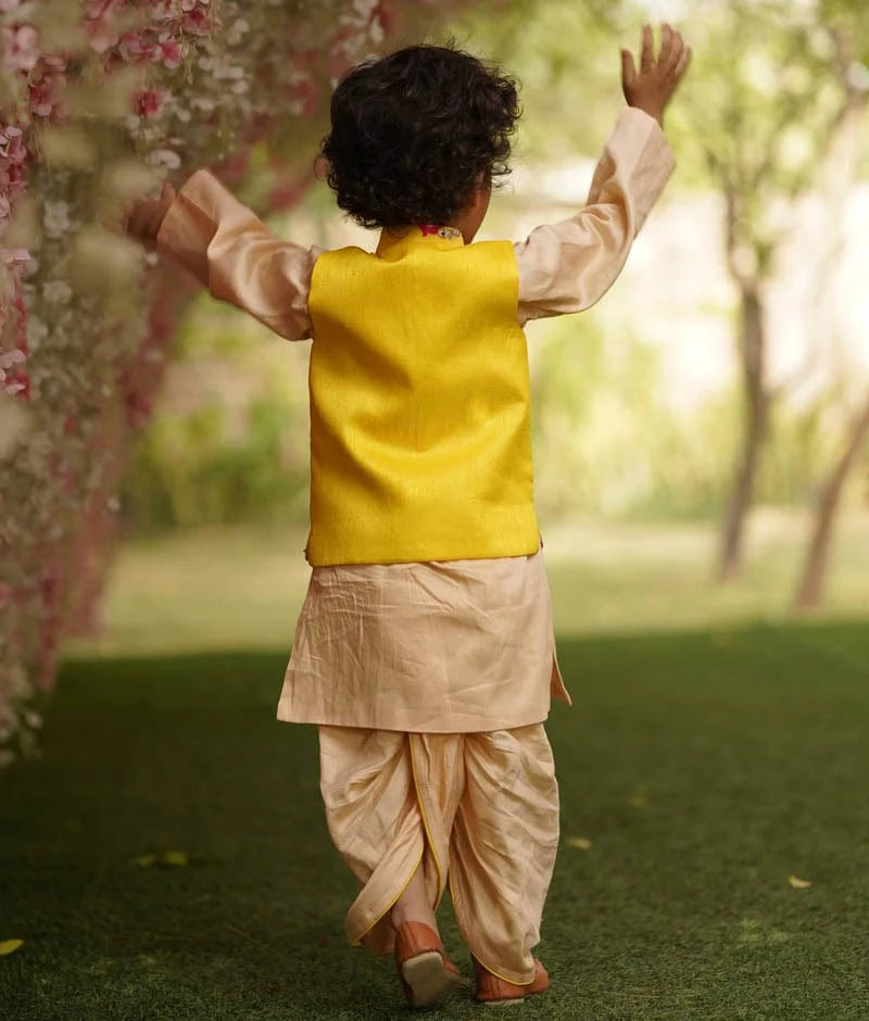 Yellow Gotta Embroidery Jacket with Kurta and Dhoti