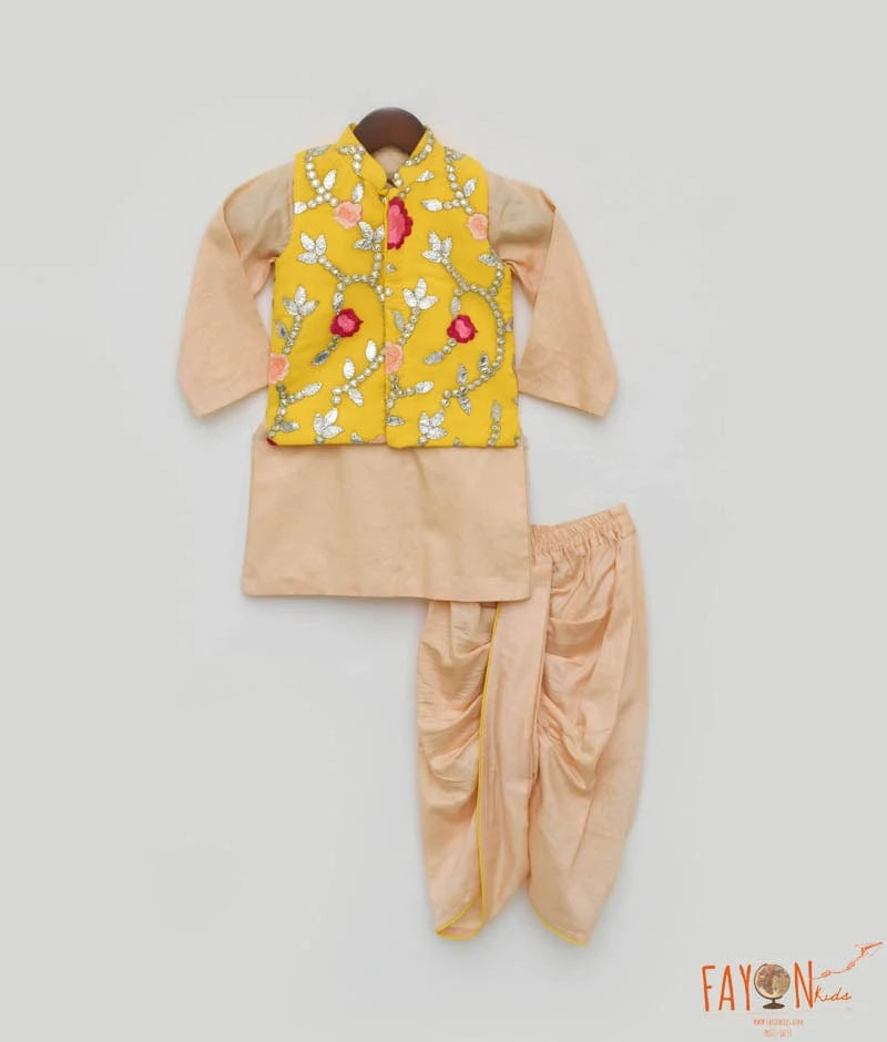 Yellow Gotta Embroidery Jacket with Kurta and Dhoti