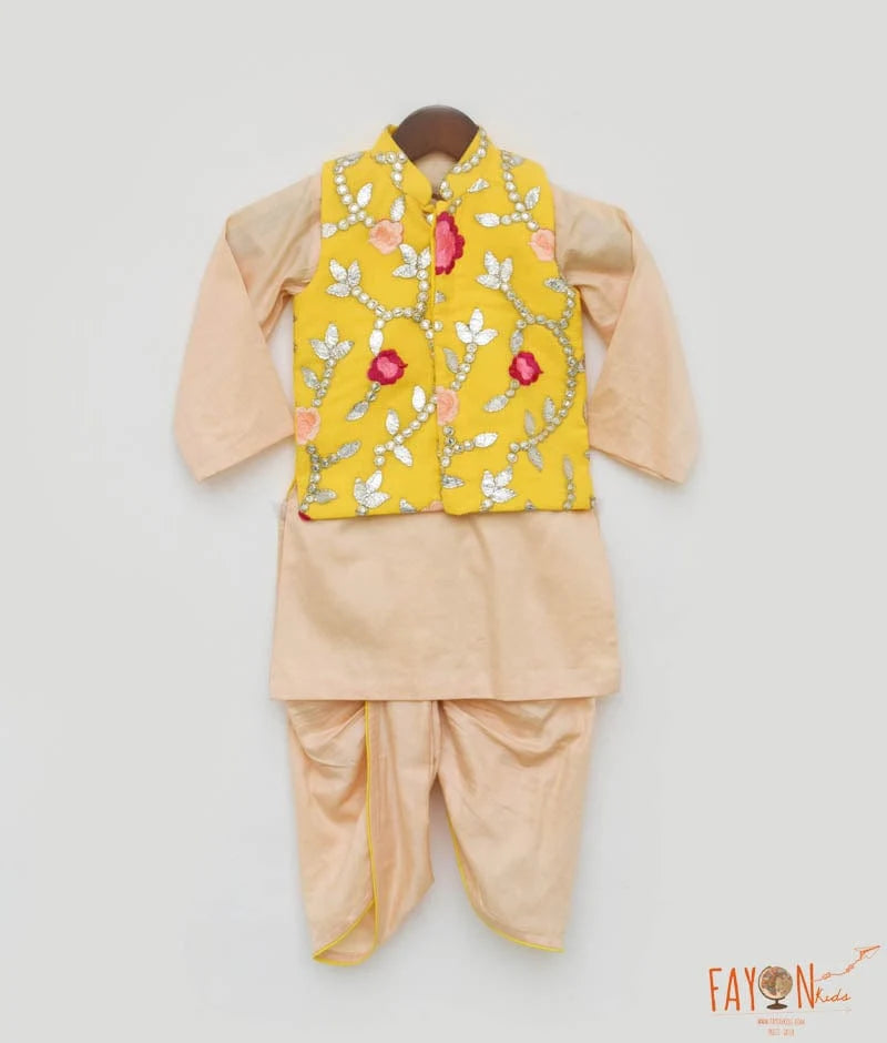 Yellow Gotta Embroidery Jacket with Kurta and Dhoti