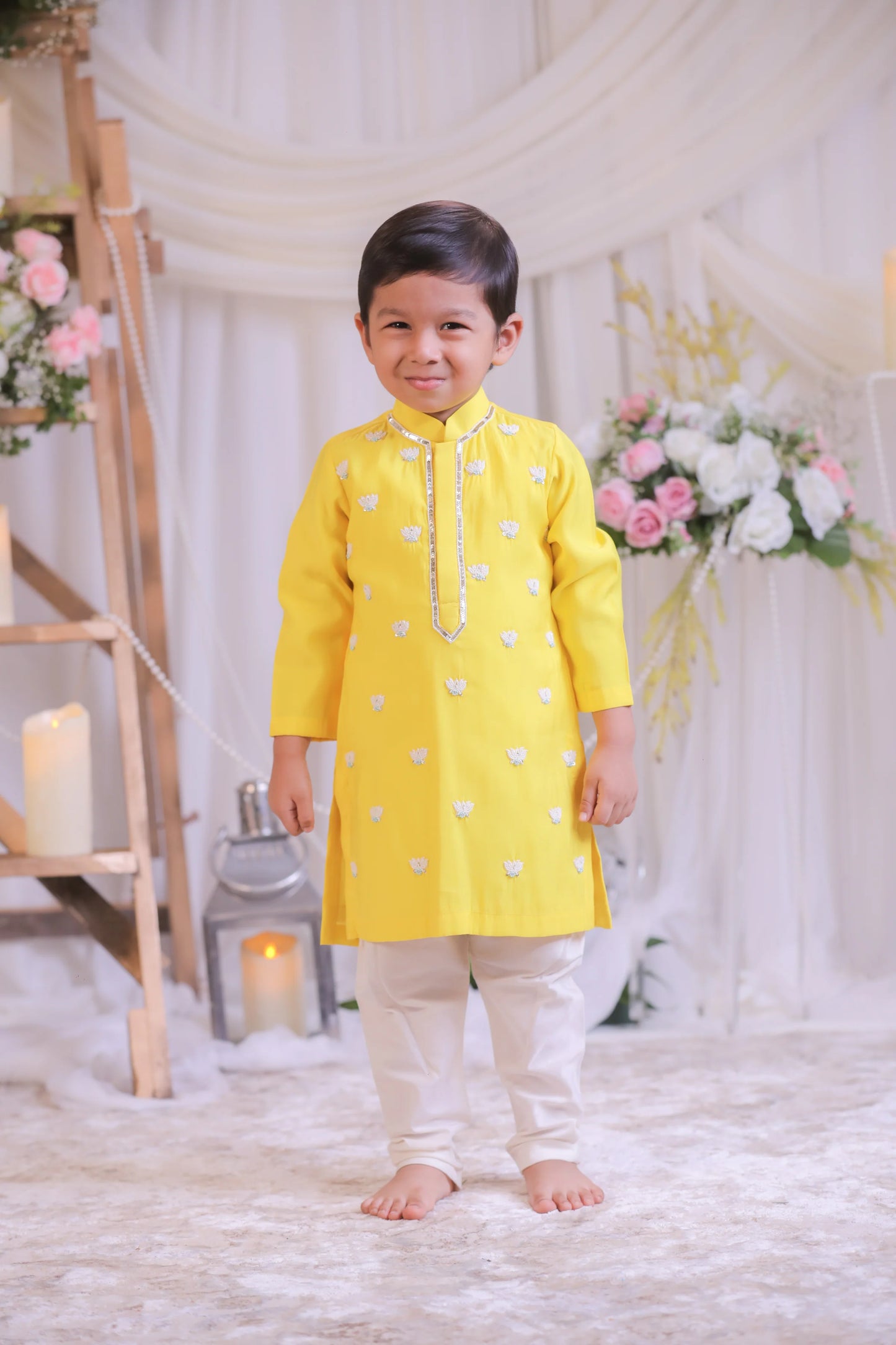 Yellow Lotus Embroidered Kurta with Churidaar