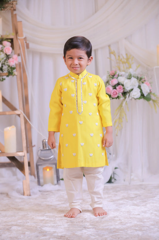 Yellow Lotus Embroidered Kurta with Churidaar