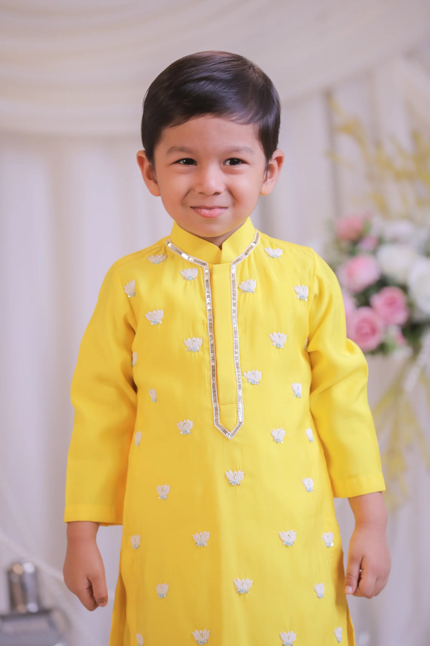 Yellow Lotus Embroidered Kurta with Churidaar