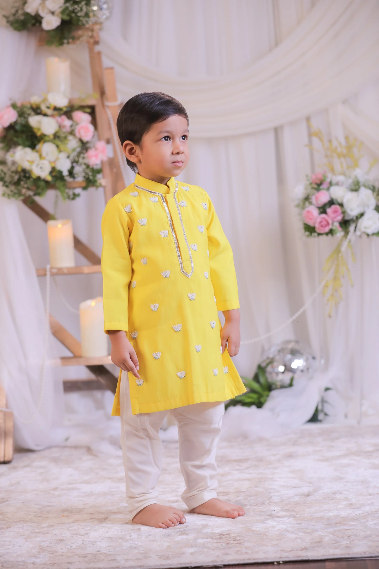 Yellow Lotus Embroidered Kurta with Churidaar