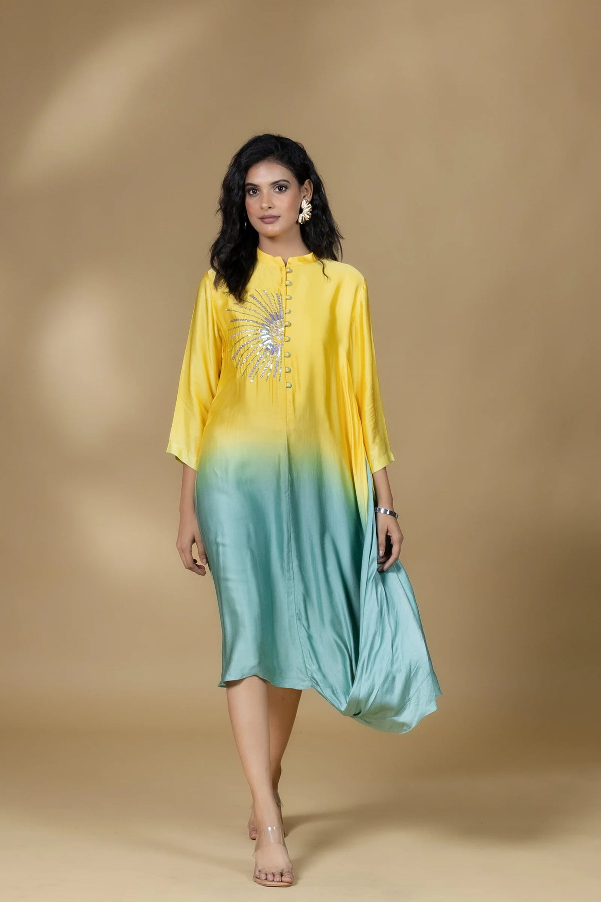 Yellow Ombre Satin Sunrays Long Dress