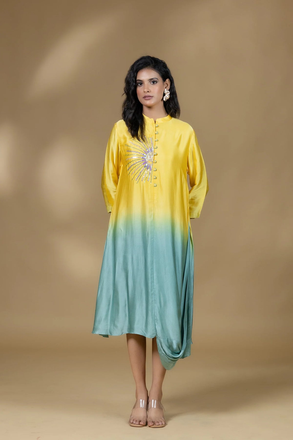 Yellow Ombre Satin Sunrays Long Dress
