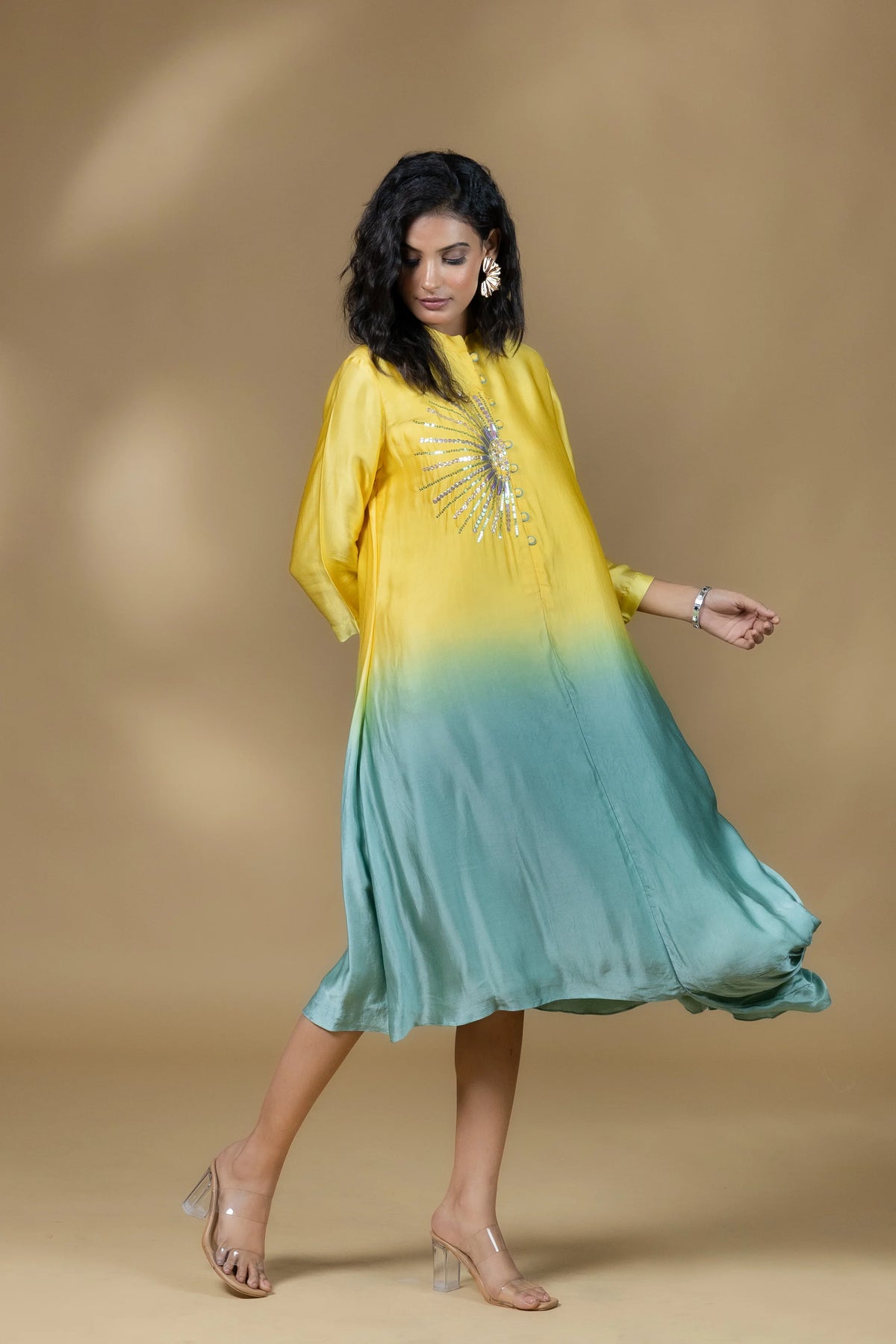 Yellow Ombre Satin Sunrays Long Dress