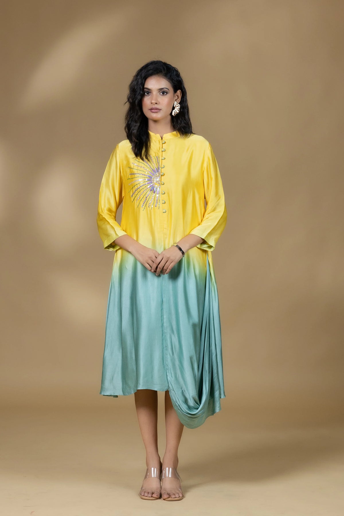 Yellow Ombre Satin Sunrays Long Dress