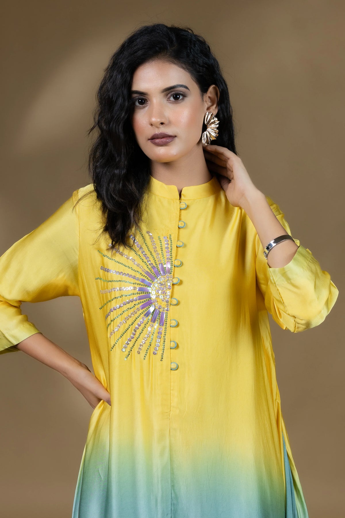 Yellow Ombre Satin Sunrays Long Dress