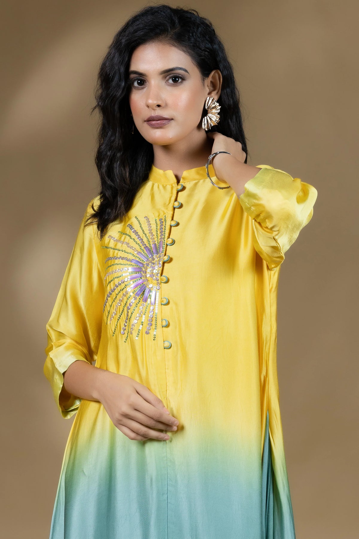 Yellow Ombre Satin Sunrays Long Dress