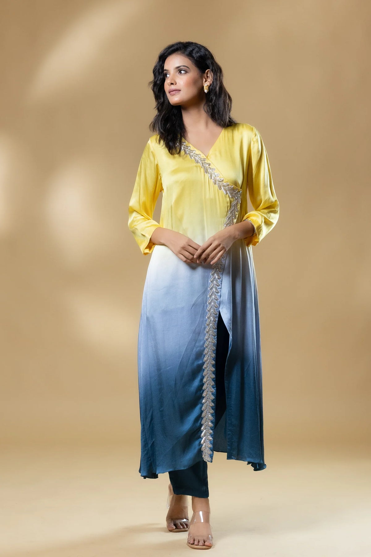 Yellow & Blue Bemberg Satin Ombre Long Dress with Pant