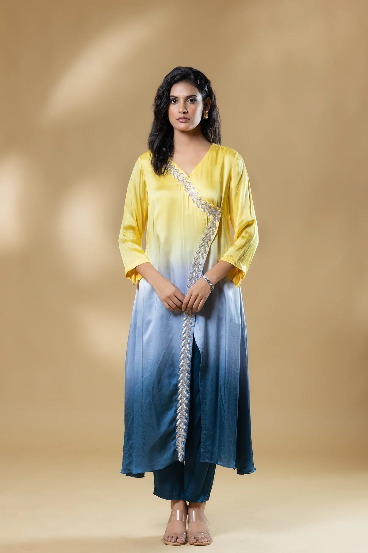 Yellow & Blue Bemberg Satin Ombre Long Dress with Pant