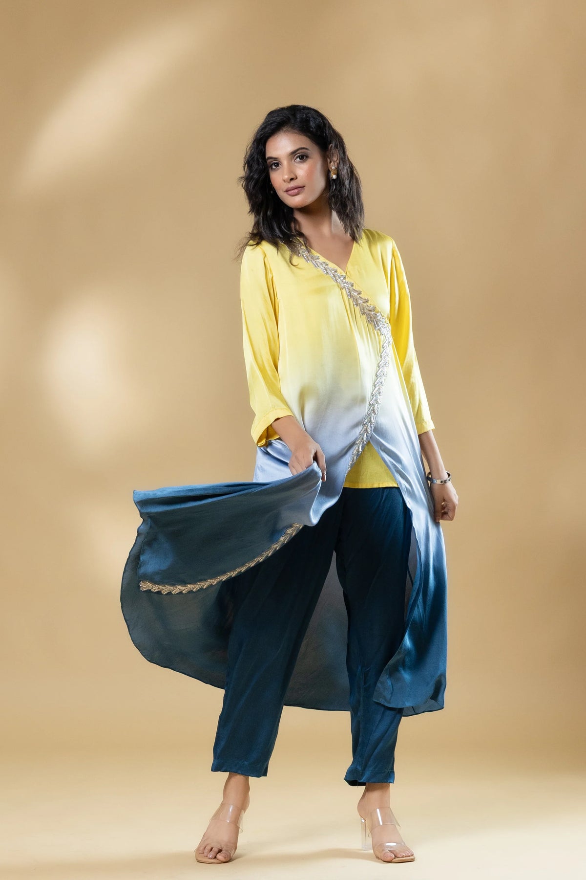 Yellow & Blue Bemberg Satin Ombre Long Dress with Pant