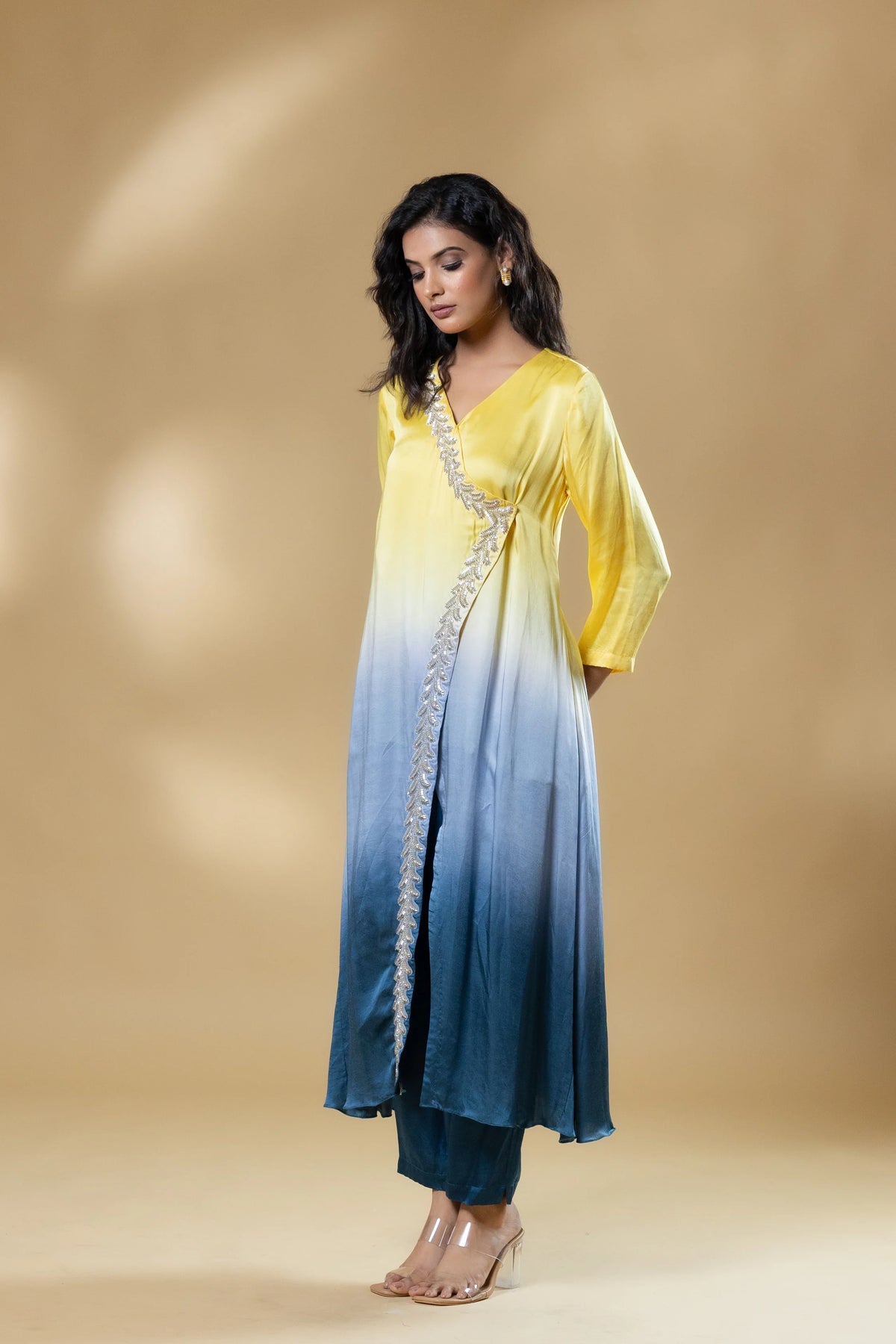 Yellow & Blue Bemberg Satin Ombre Long Dress with Pant