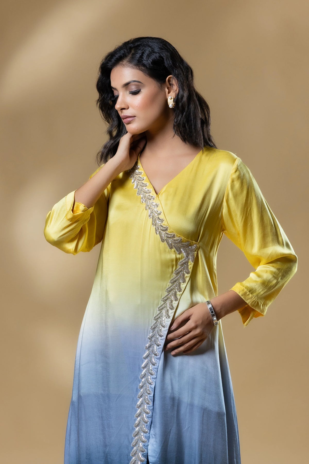 Yellow & Blue Bemberg Satin Ombre Long Dress with Pant