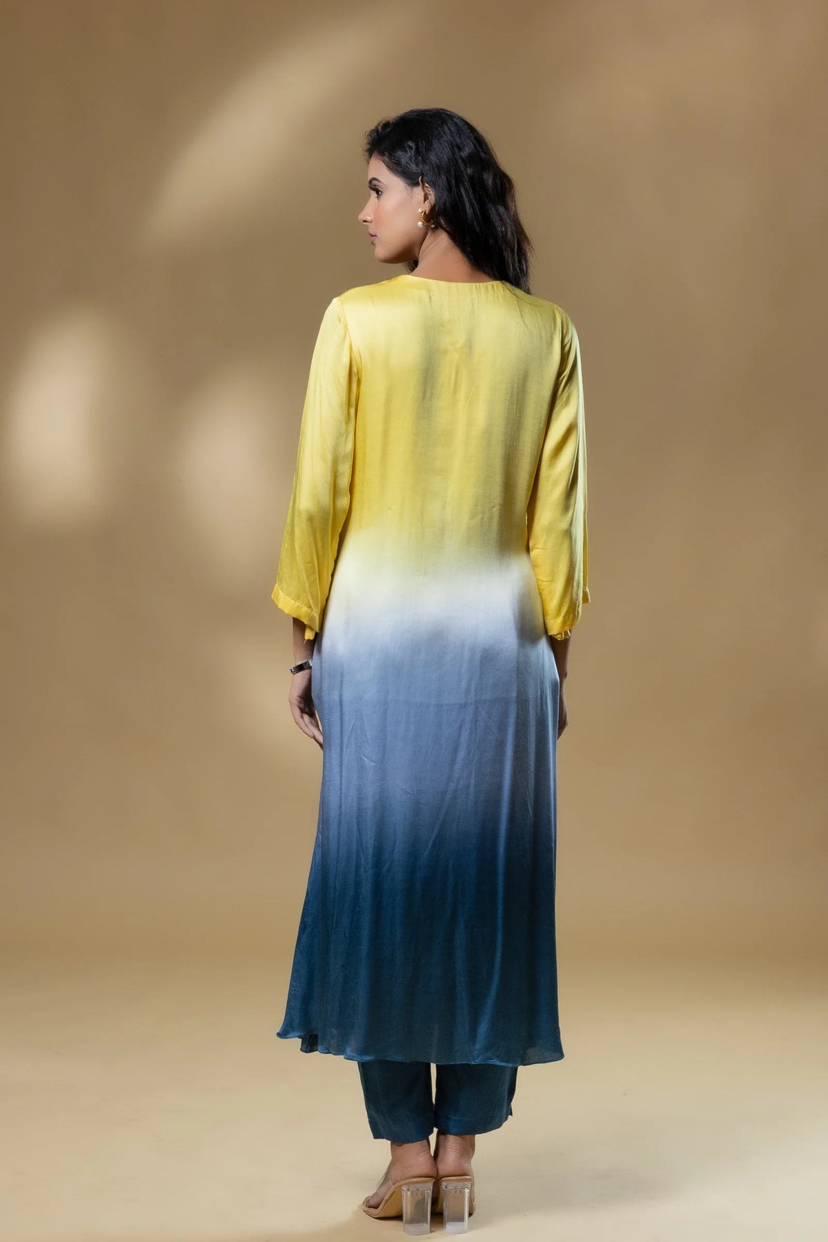 Yellow & Blue Bemberg Satin Ombre Long Dress with Pant