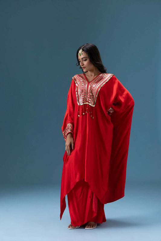 Zehra Crimson Kaftan & Dhoti Skirt Set