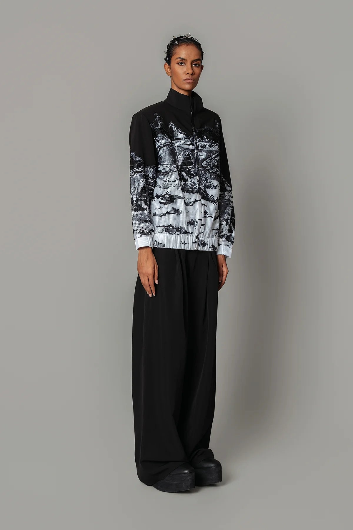 B&W Hokusai Embroidered Bomber Jacket