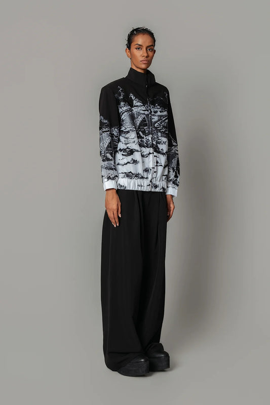 B&W Hokusai Embroidered Bomber Jacket