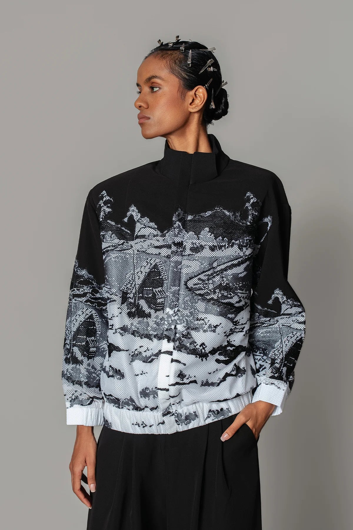 B&W Hokusai Embroidered Bomber Jacket