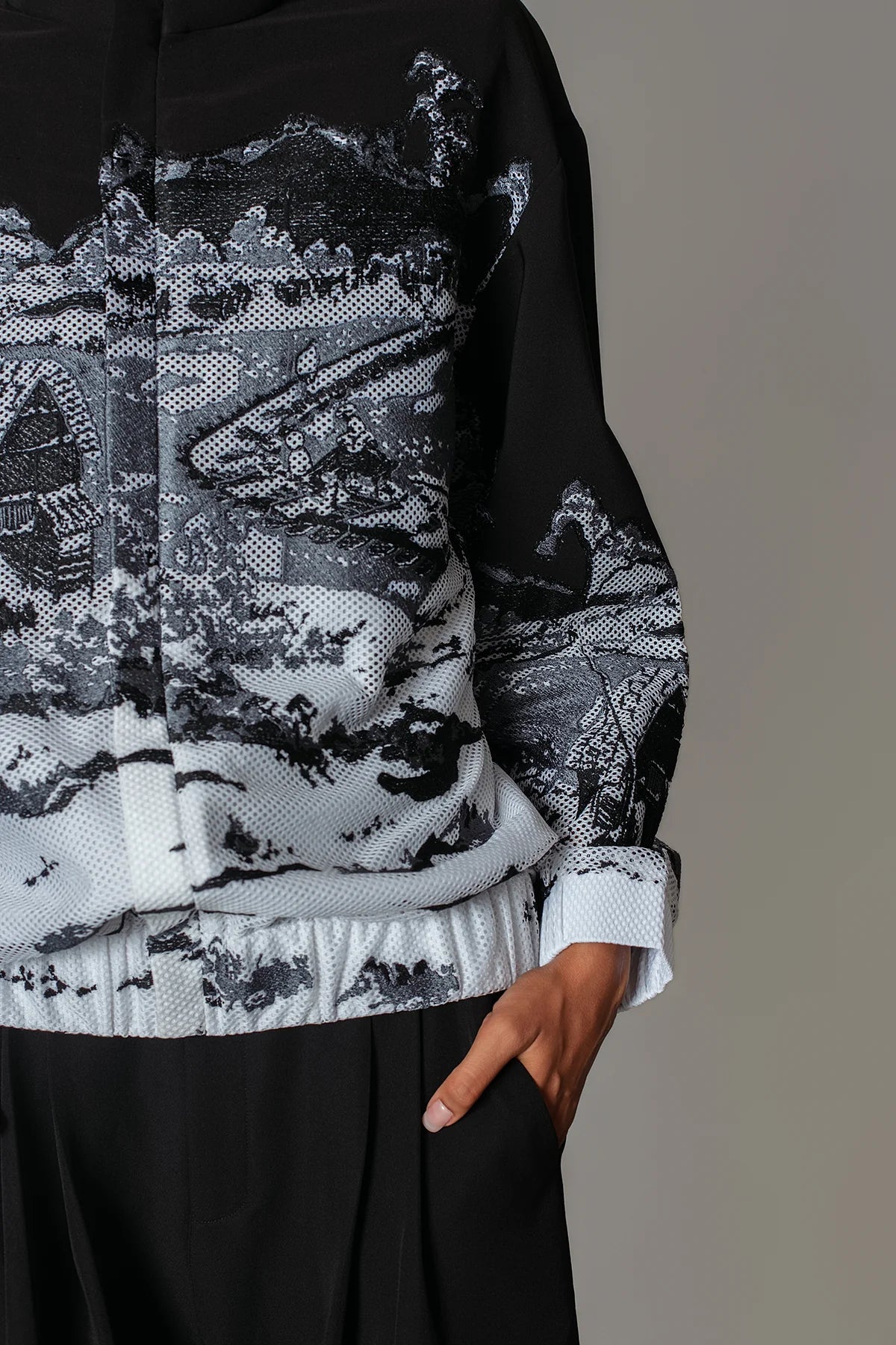B&W Hokusai Embroidered Bomber Jacket