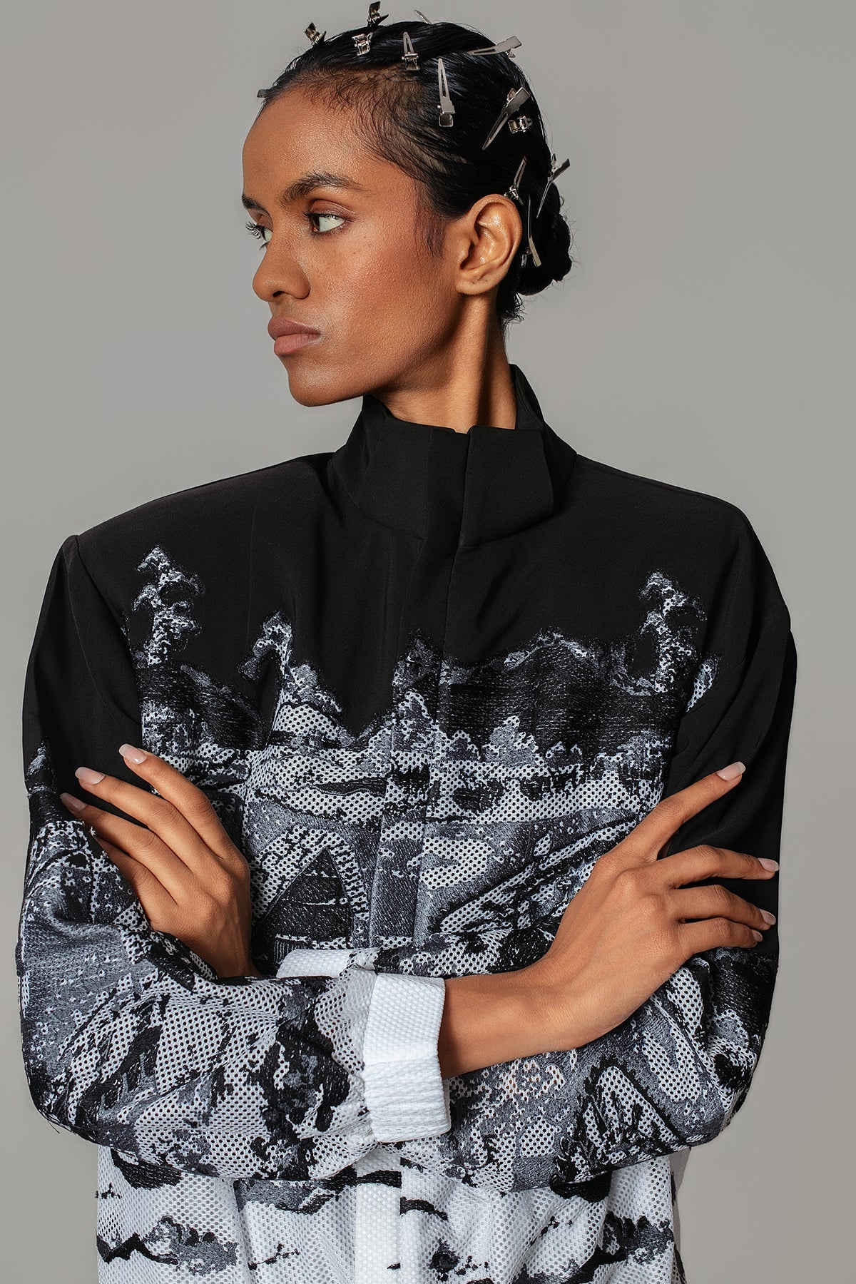 B&W Hokusai Embroidered Bomber Jacket