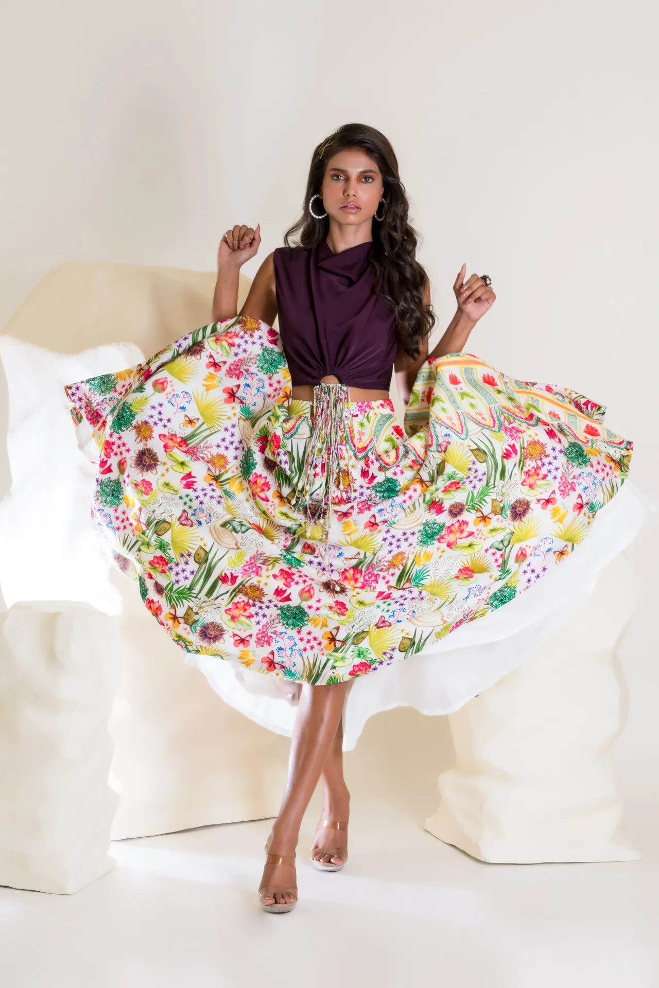 Printed Midi Skirt With Draped Top