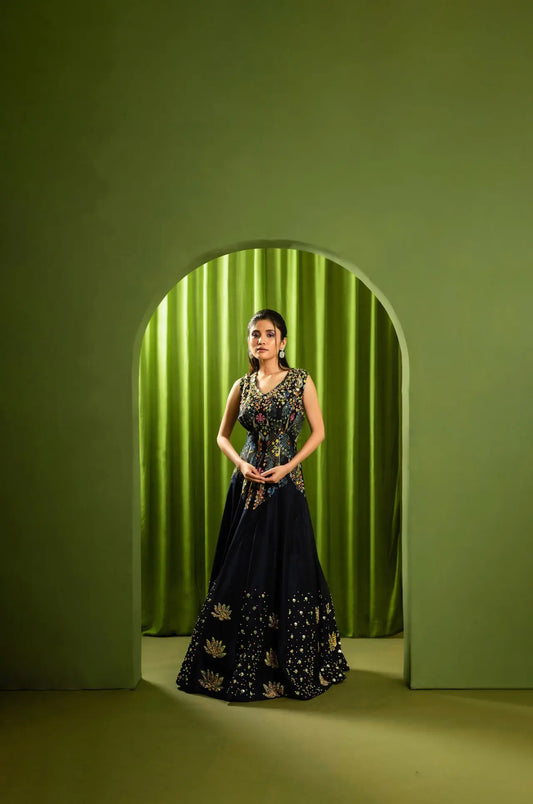 Printed Embroidered Cocktail Gown