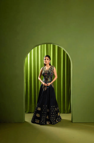 Printed Embroidered Cocktail Gown